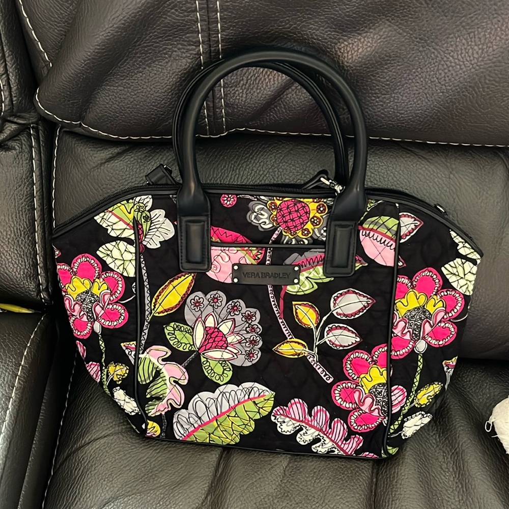 Vera Bradley black multi satchel with faux black leather like trim